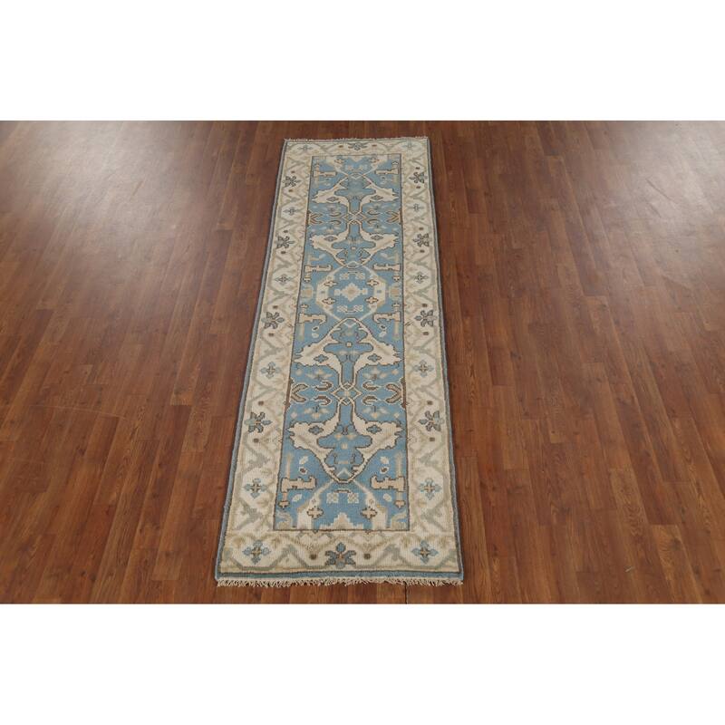 Light Blue Transitional Oushak Indian Runner Rug Handmade Wool Carpet - 2'5"x 7'9"