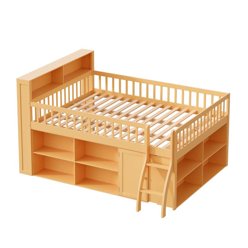 Kids Storage Low Loft Bed with LED Headboard Light, Dual Side Storage Shelves and Space Saving Under-Bed Storage