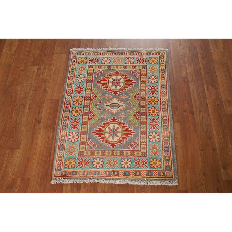 Traditional Gray Kazak Oriental Foyer Rug Handmade Wool Carpet - 2'0"x 3'0"