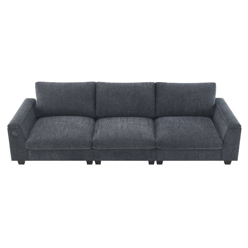 Chenille Cloud Sofa with Cup Holders, USB Port & Bluetooth Speaker, Convertible Loveseat with Drop Down Table & Storage Armrest