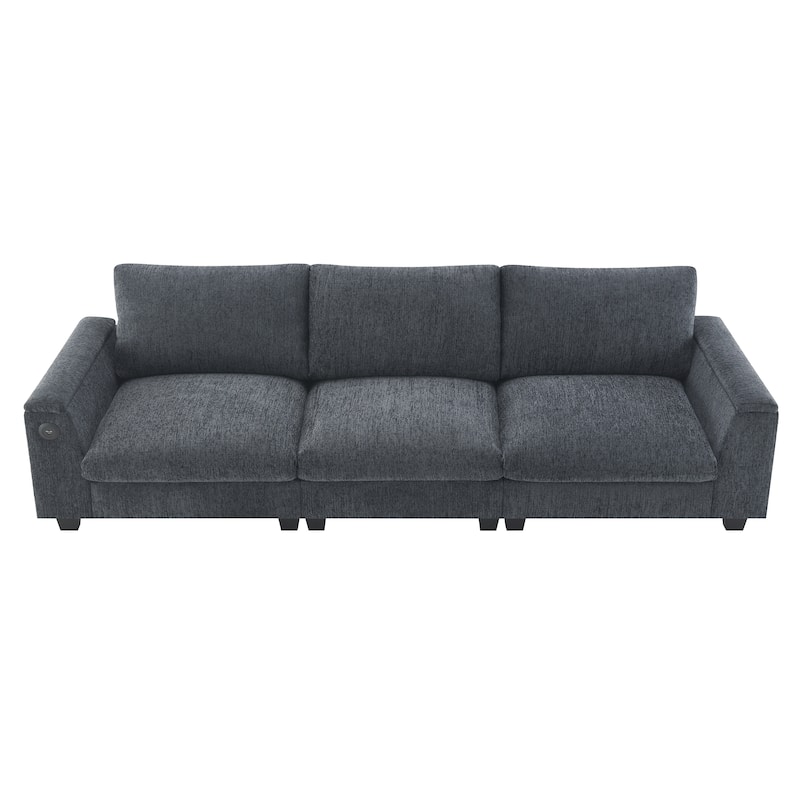 Roomfitters 96'' x 35'' Chenille Sectional Sofa with Bluetooth Speaker, Comfy Cloud Couch Set with Drop-Down Table, USB Charger