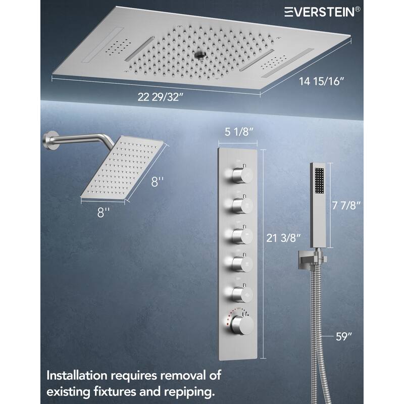 Dual Shower Heads System with 3 Spray Modes 22"*15" Ceiling and 6" Wall Mount Body Jets Handheld Spray LED Music