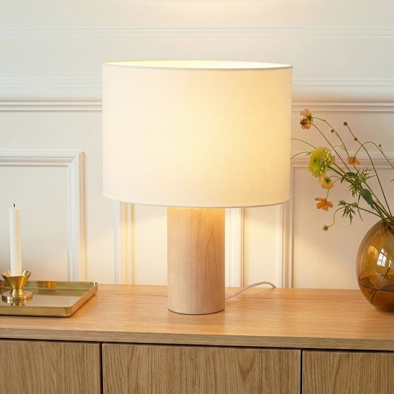 Brightech Mia 15.55 in. Polished Natural Wood Midcentury LED Standing Bedside Desk Table Lamp with Beige Cotton Drum Shade