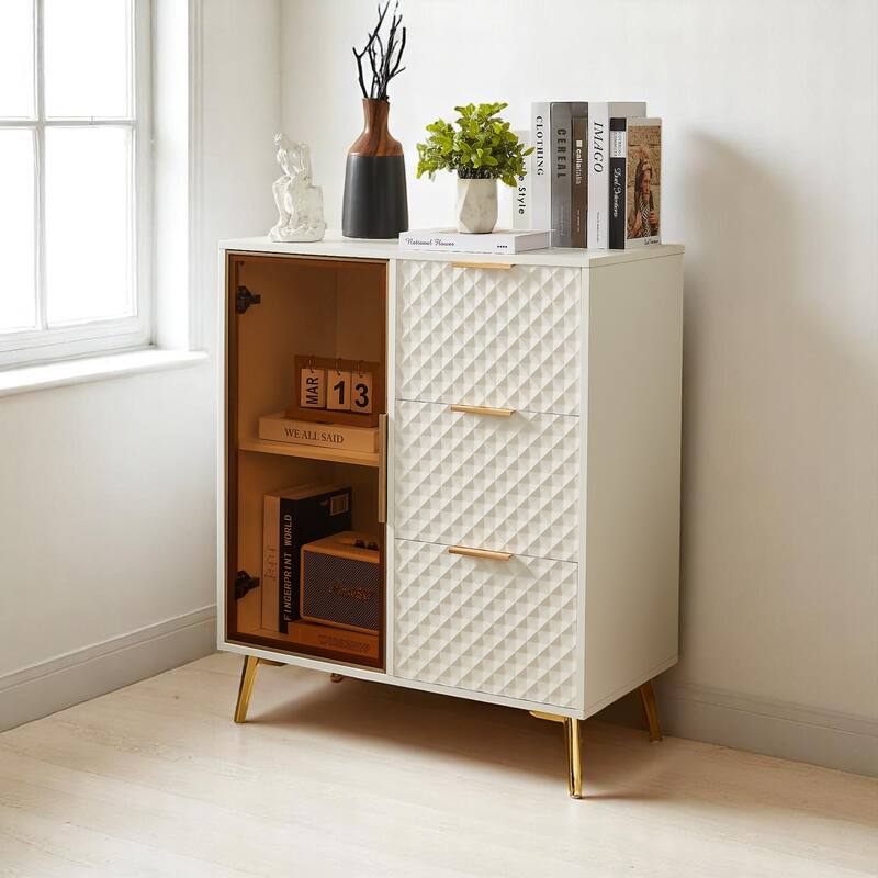 Accent Cabinet with 3 Drawers and 2 Glass Shelve,Tempered Glass Doors & Metal Legs,Storage Sideboard for Living Room or Entryway