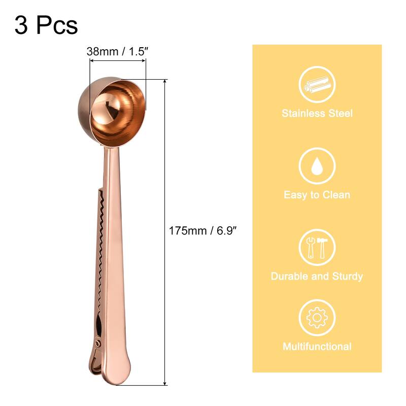 3Pcs Stainless Steel Coffee Scoop Clip 2 in 1 Coffee Measuring Spoon - Rose Gold