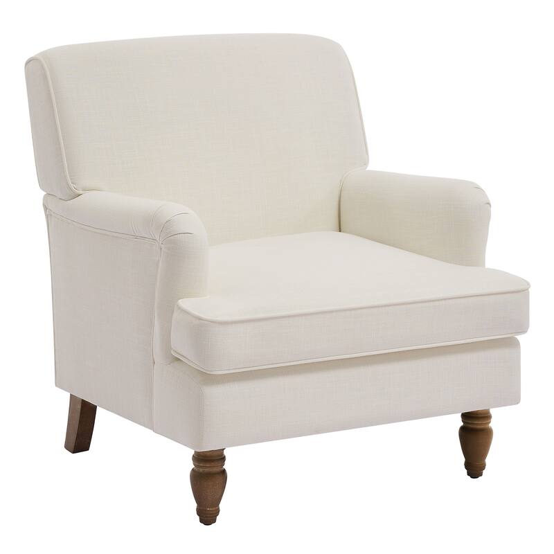 Vintage Upholstered Linen Fabric Armchair with Antique Solid Wood Legs