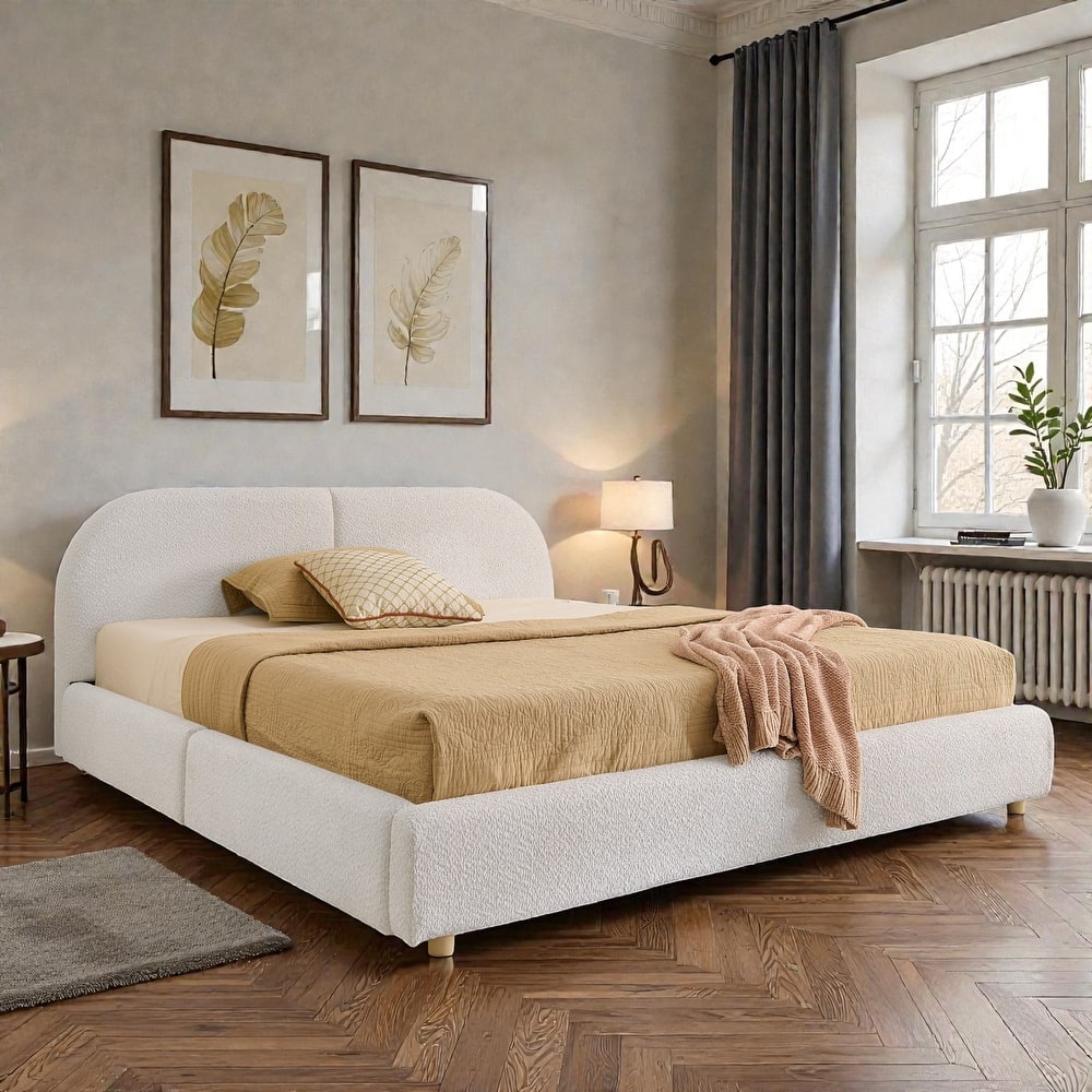 Upholstered Bed Frame with Tall Curved Headboard and Storage Drawers, Modern Minimalist Platform Bed No Box Spring