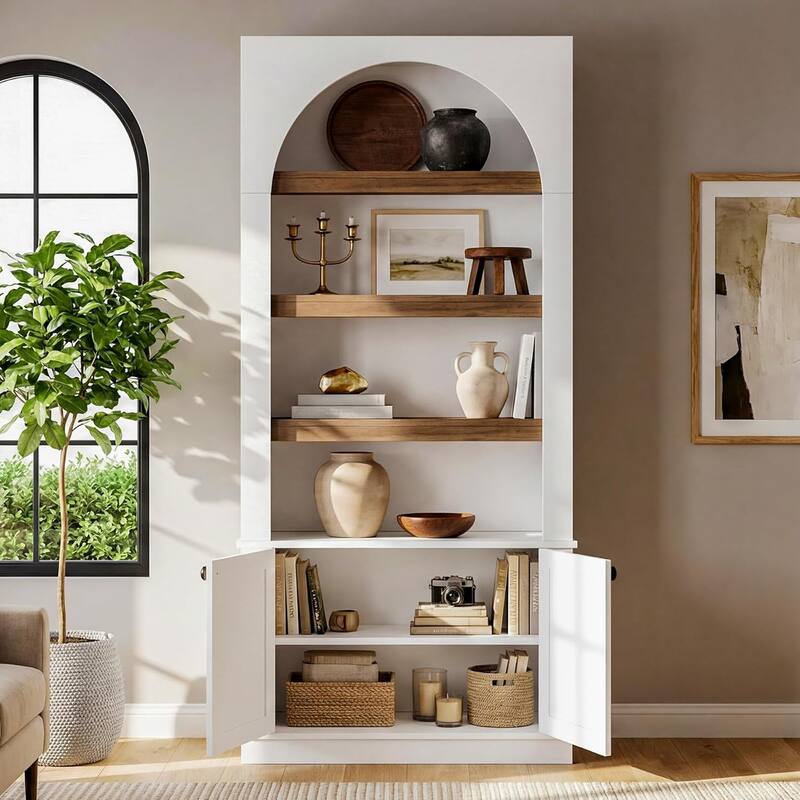 71-Inch Modern Tall Arched Bookcase with Doors for Office, Living Room, Kitchen