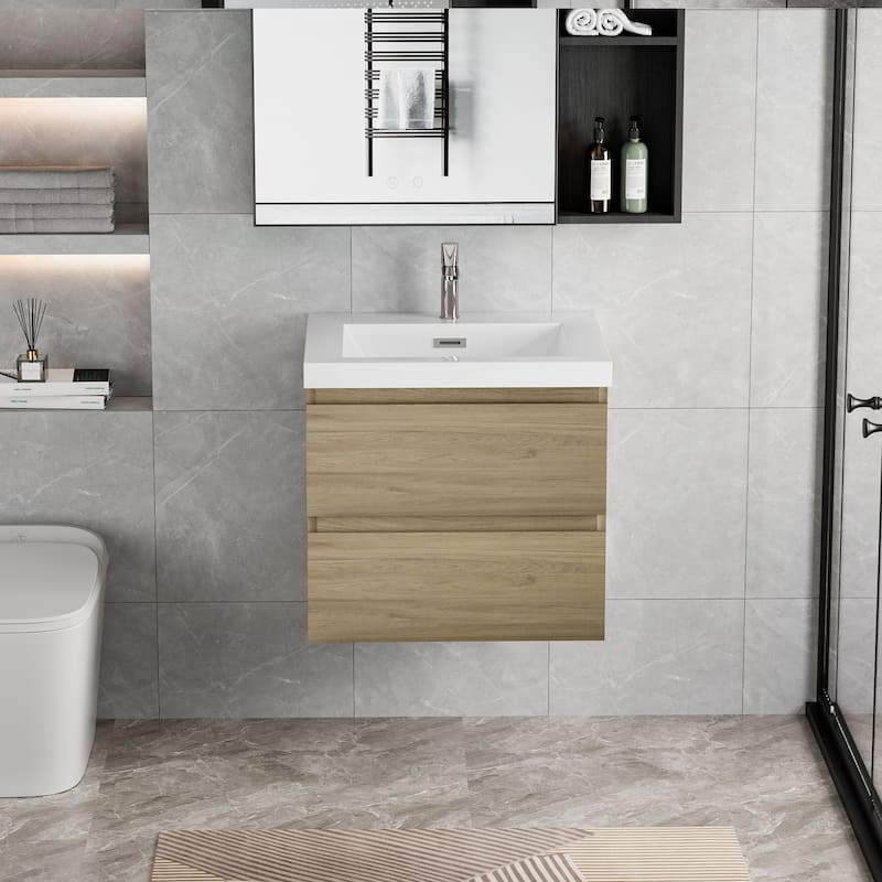 MDF Floating Bathroom Vanity with Integrated Resin Sink - 24" x 20" - Natural Oak