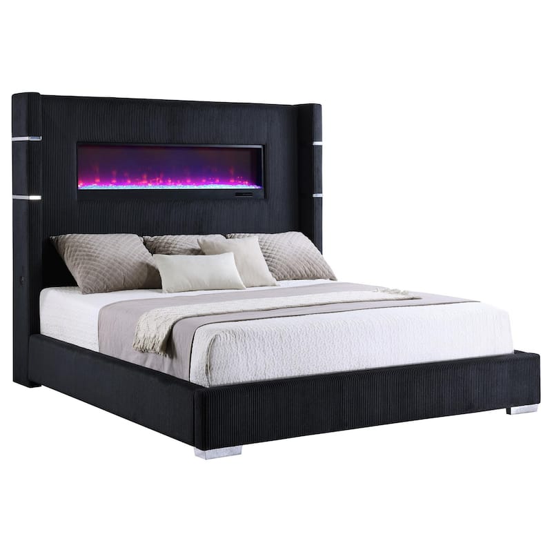 Caro Queen Bed, Wingback Panel w LED Flame, Black Corduroy Upholstery