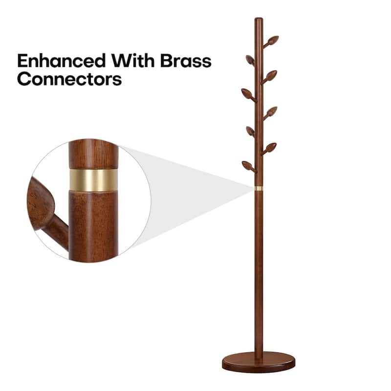 Rubberwood Freestanding Coat Rack, Coat Tree with 8 Bud-shaped Hooks - 15.75"Dia. x 72.44"H