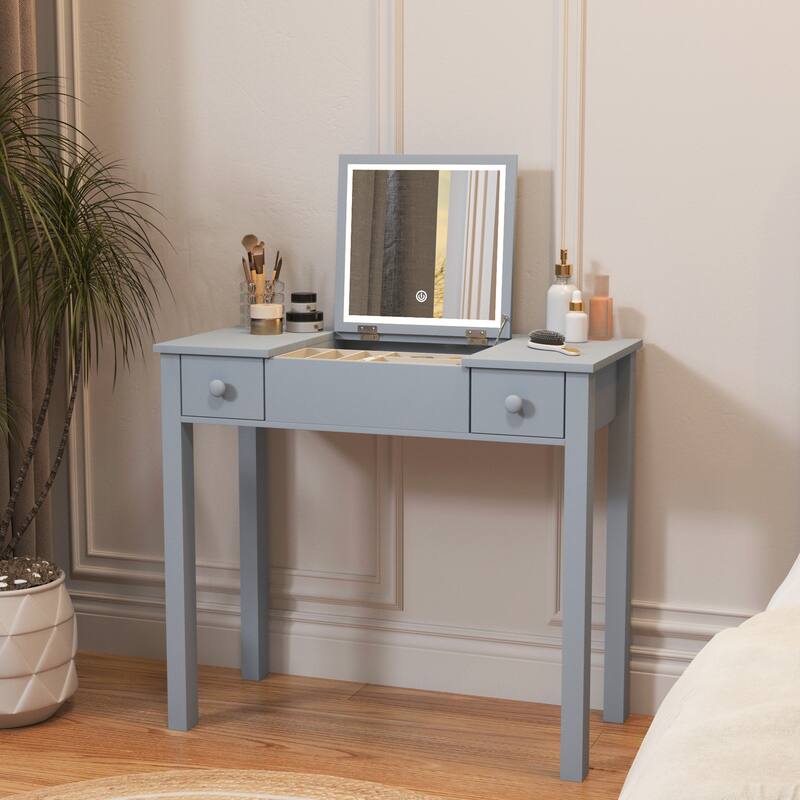 Sleek Vanity Table with LED Lights, Flip-Top Mirror and 2 Drawers, Jewelry Storage for Women Dressing