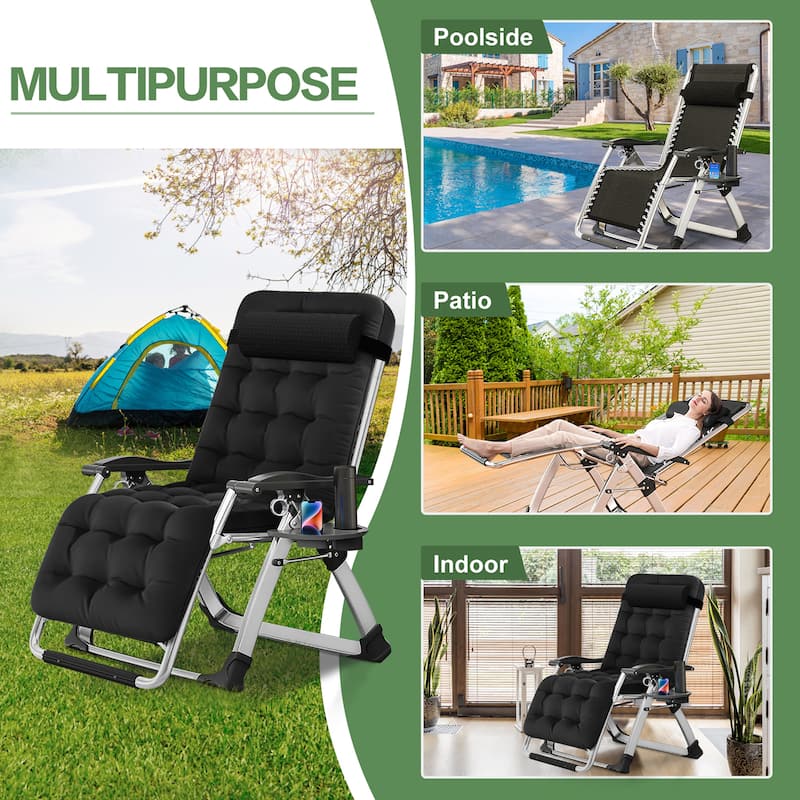 Folding Adjustable Zero Gravity Chair, with PIllow and Cushion, Black