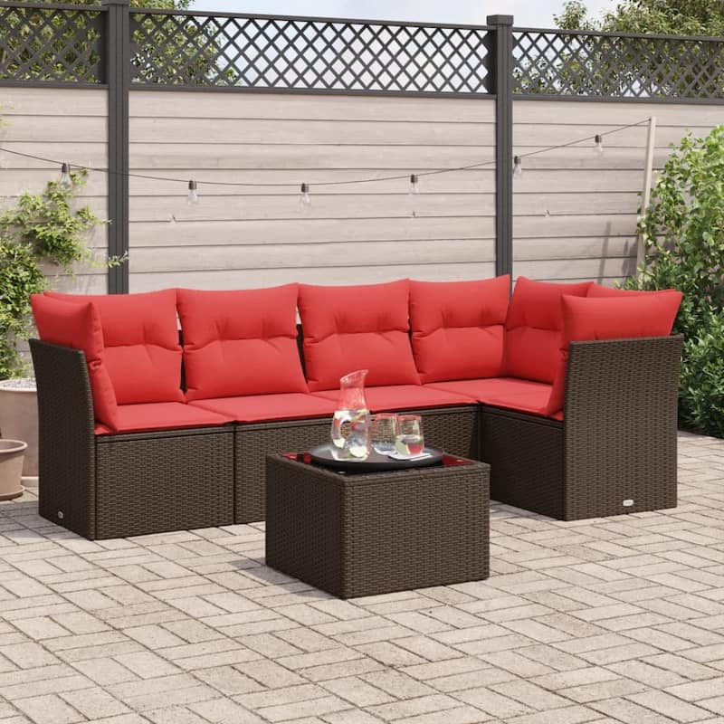 vidaXL 5/6 Piece Patio Sofa Set with Cushions Brown/Gray Poly Rattan - 24.4 x 24.4 x 27.2 - Brown and red With table
