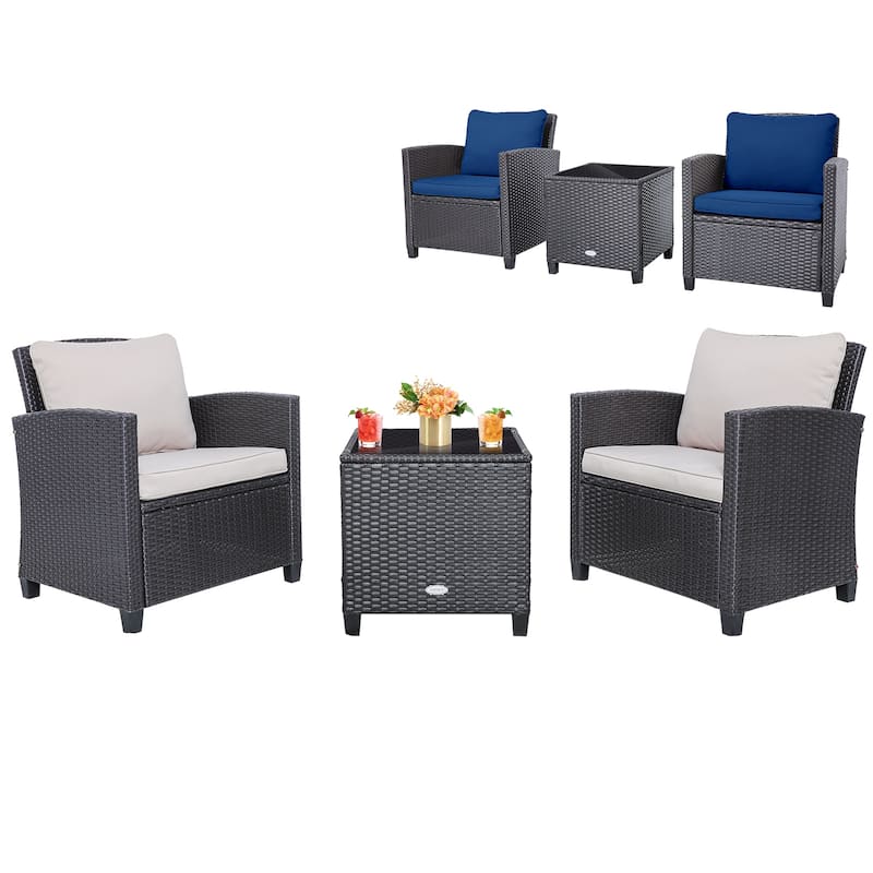 3 Pieces Rattan Patio Furniture Set with Washable Cushion - Chair: 26.5" x 26.5" x 30"