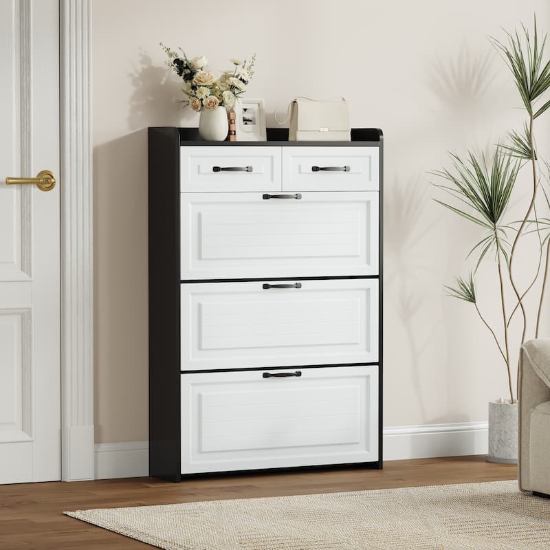 Black Shoe Storage Cabinet - 3-Door & 2-Drawer Design with PVC Decorative Panels‌