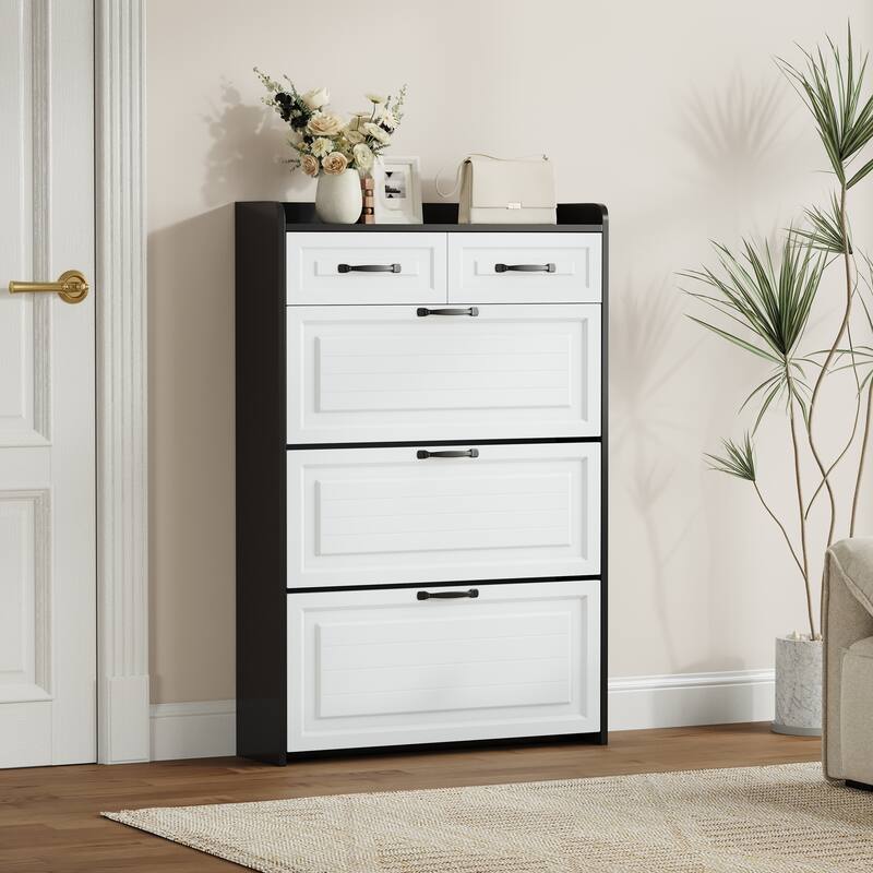 Shoe Cabinet with 3 Doors 2 Drawers, PVC Door with Shape, Large Space for Storage