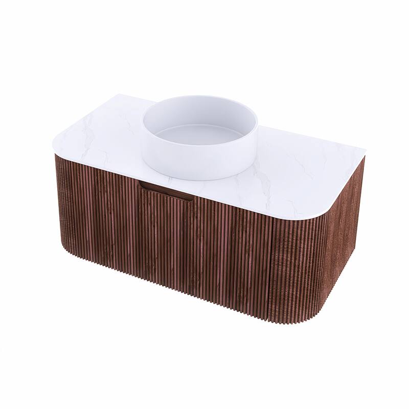 Plywood Wall-Mounted Bathroom Vanity Set with Integrated Ceramic Sink in Natural Wood