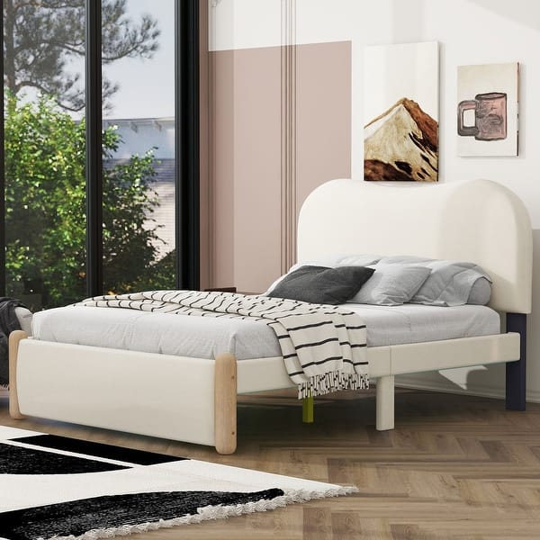 slide 2 of 12, Kids Soft Anti-collision Bed Berber Fleece Bed Wood Bed Frame Beige - Full