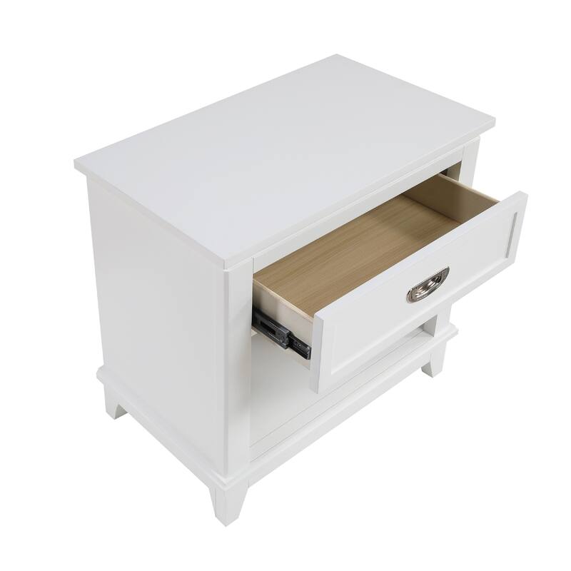 Sely Nightstand, 1 Drawer w Open Cubby, White Wood, Ring Handle