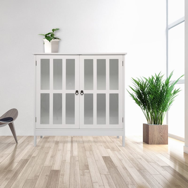 Transparent Door Free Standing Accent Storage Cabinet For Kitchen Dining White
