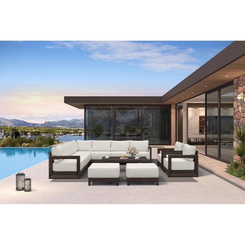 PURPLE LEAF Caesar Outdoor Couch with 9.6" white Thick Cushion and Table for Yard Porch Deck Outdoor Patio Conversation Sets - 9 Seats+2 Ottomans+1 Table - Enclosed