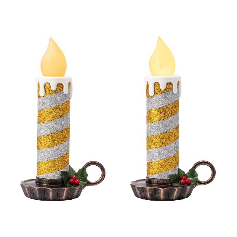 10" Set of 2 Flickering LED Resin Glittery Striped Candles - Gold & Silver