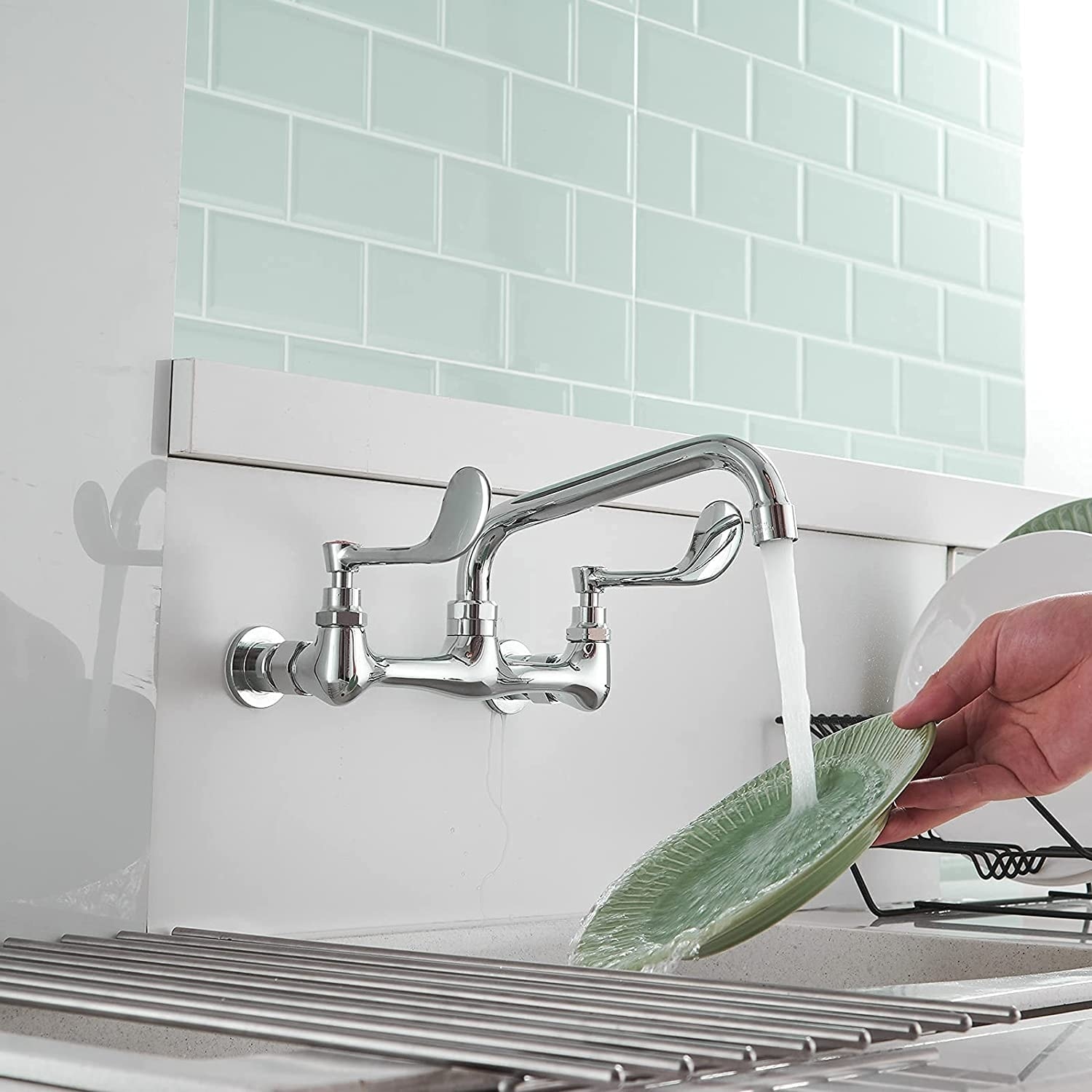 Wall Mounted Kitchen Sink Faucet 2 Handle 8 Inch Center ...