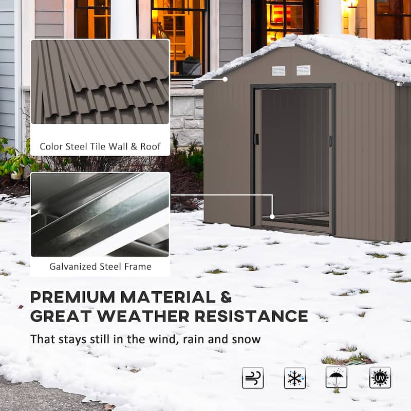 Outsunny 11' x 12.6' Outdoor Storage Shed Organizer, Garden Tool house with Floor Foundation, 4 Vents and 2 Easy Sliding Doors