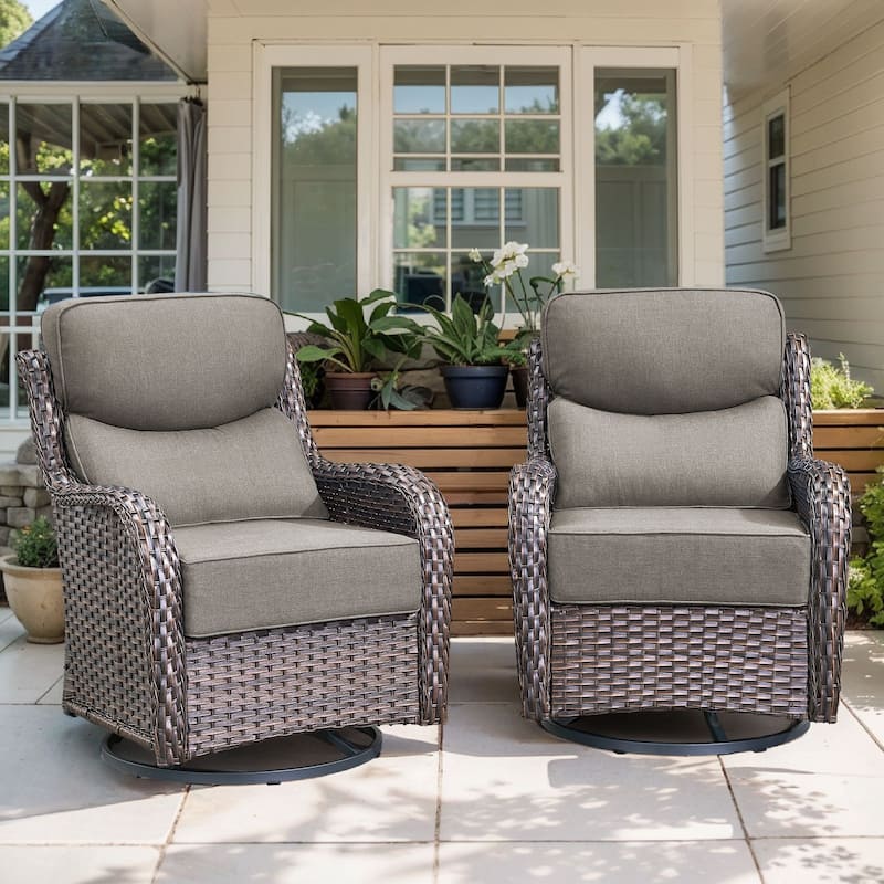 Gymojoy Patio Swivel Glider Chair Set with 6" Ultra-Plush Cushions - Waterproof Olefin Fabric, All-Weather Rattan - Brown Wicker / Grey Cusion - 2-Piece