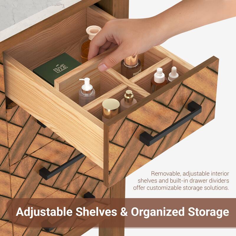 48" Freestanding Bathroom Vanity with Engineered Stone Top, Ceramic Sink, Built-In Power Outlet, and Hair Dryer Storage