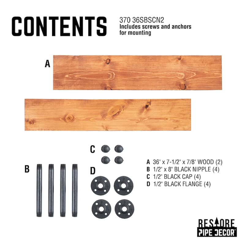 PIPE DECOR 36" Solid Wood Wall Shelves with Rustic Black Industrial Steel Pipe Brackets, Set of 2