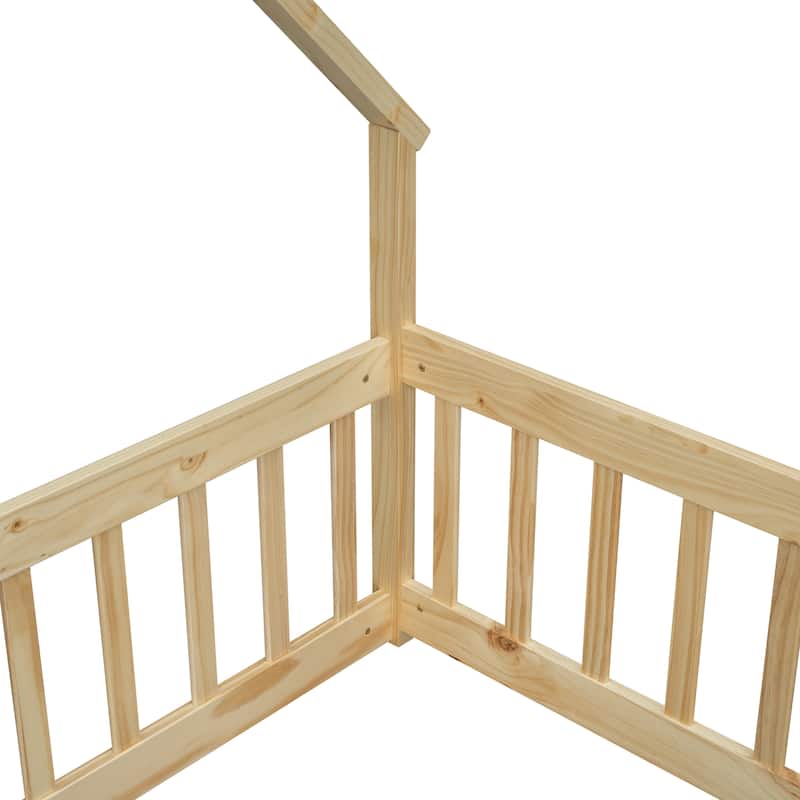 Full Wood House-Shaped Floor Bed with Fence, Guardrails