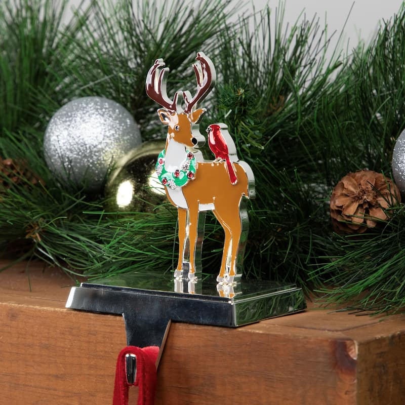 Reindeer Wearing Wreath with Cardinal Christmas Stocking Holder - 4.75"