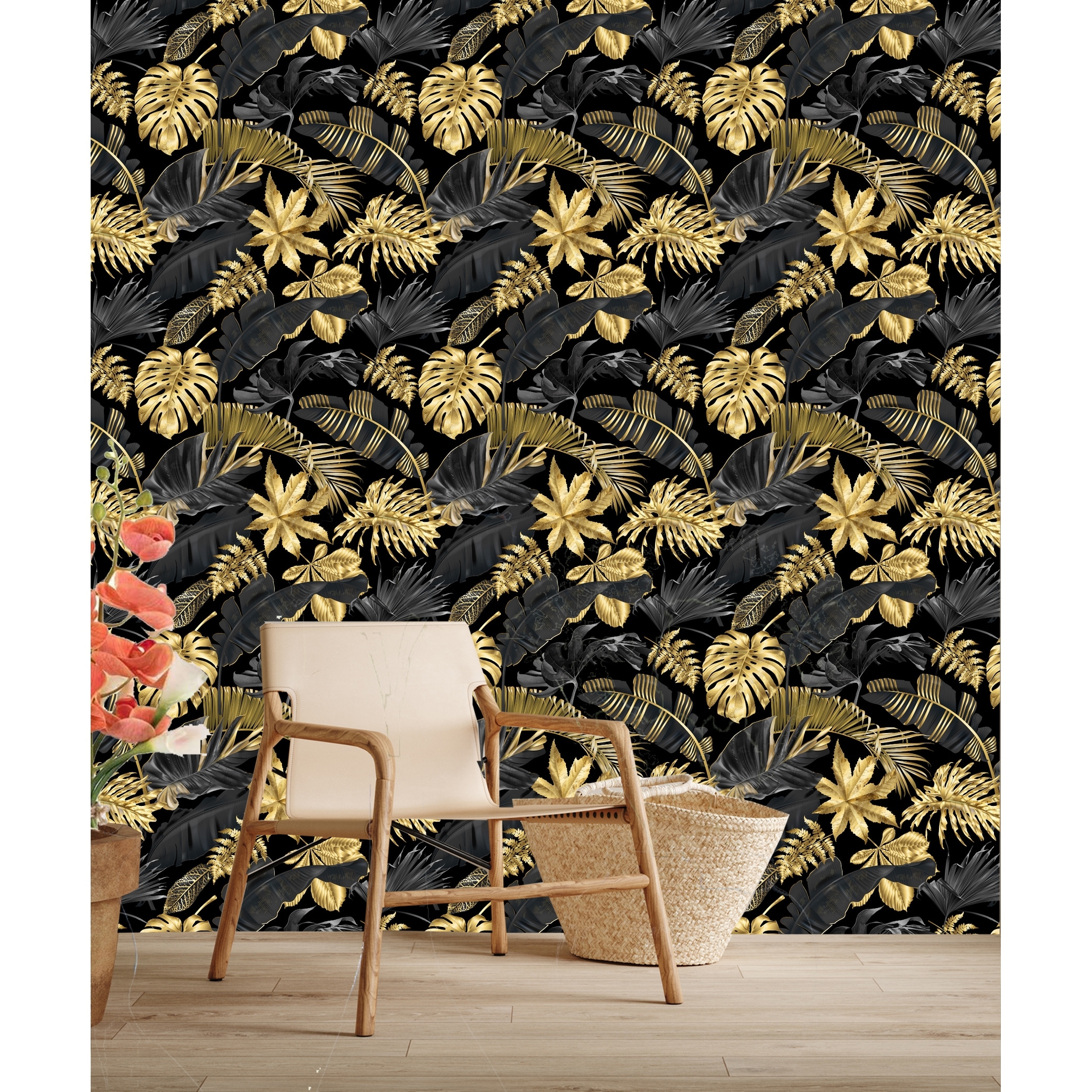Golden Exotic Leaves Removable Wallpaper - 10'ft H x 24''inch W