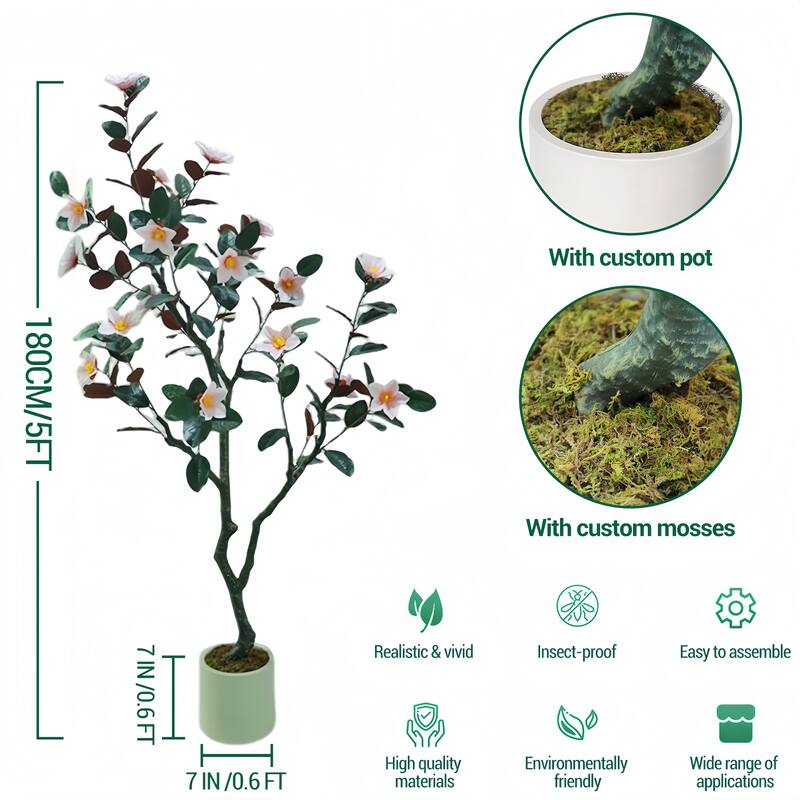 Artificial Magnolia Tree, Realistic Faux Plants in Pot for Home Office Decor