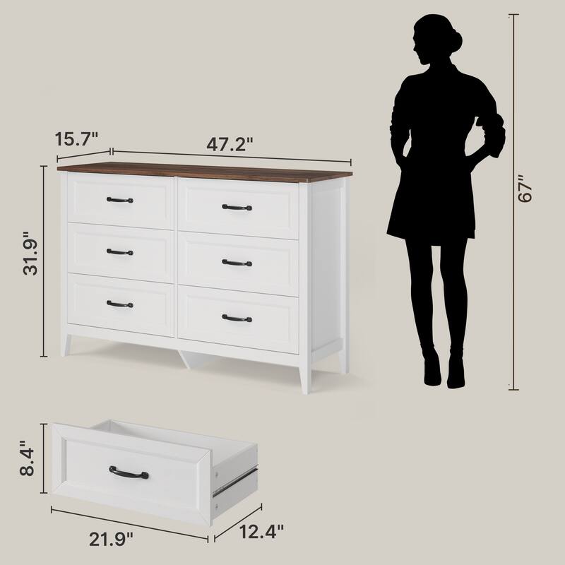 43.3" W 6 Drawer Dresser, Wood Storage Closet Dressers Chest of Drawers for Bedroom