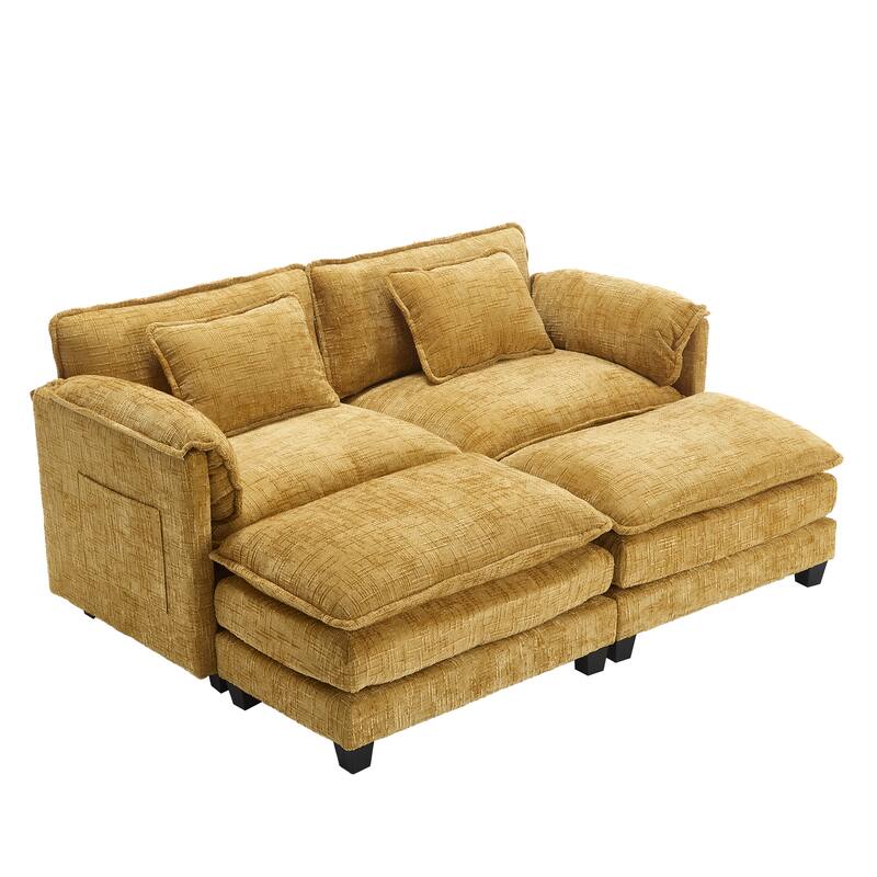 Chenille Sleeper Sofa Bed Deep Seat Loveseat Sectional Couch with Ottomans Chaise Lounge, Detachable Armrests and Side Pockets