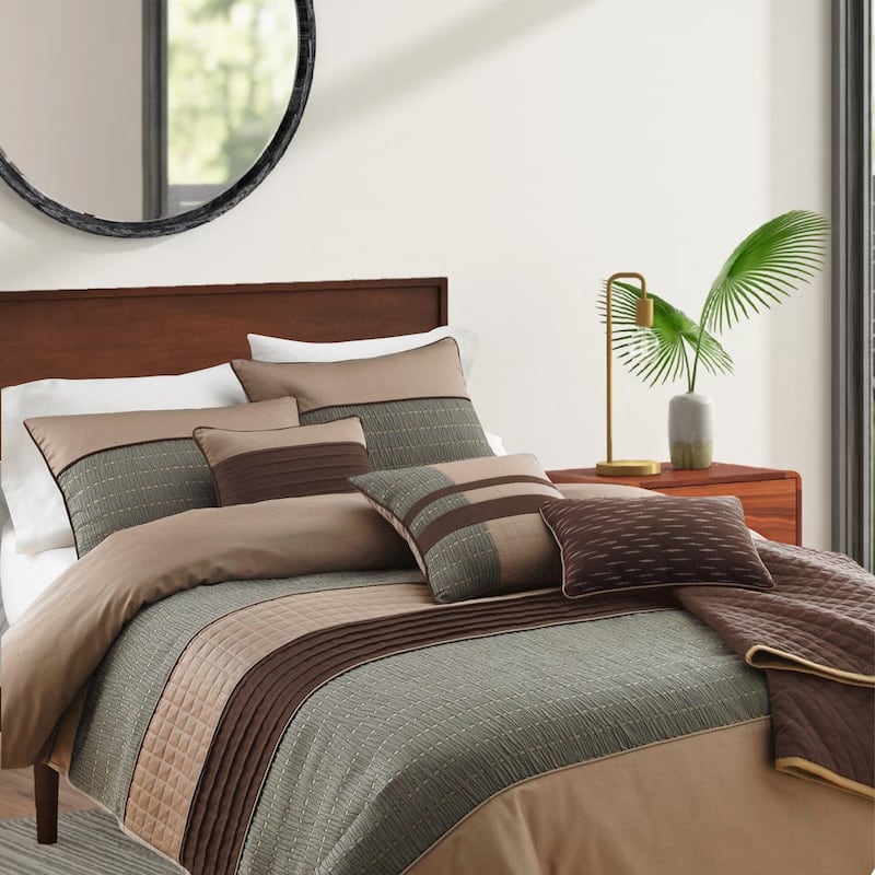 7 Piece King Polyester Comforter Set with Pleats and Texture, Gray and Brown