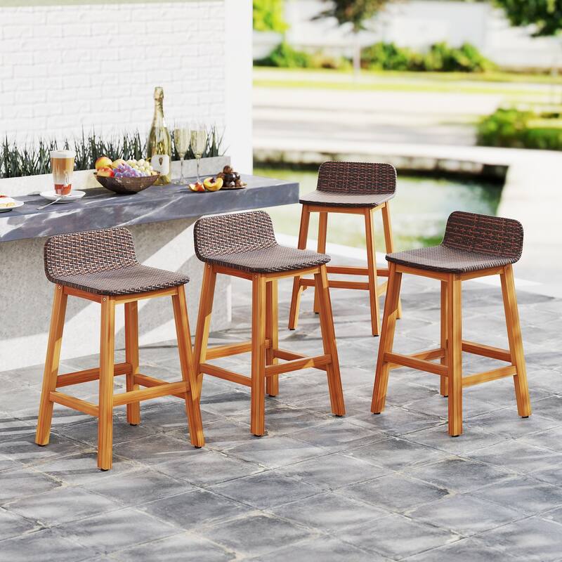 Gymax Solid Acacia Wood Bar Stools Set of 4 Rattan Bar Height Patio