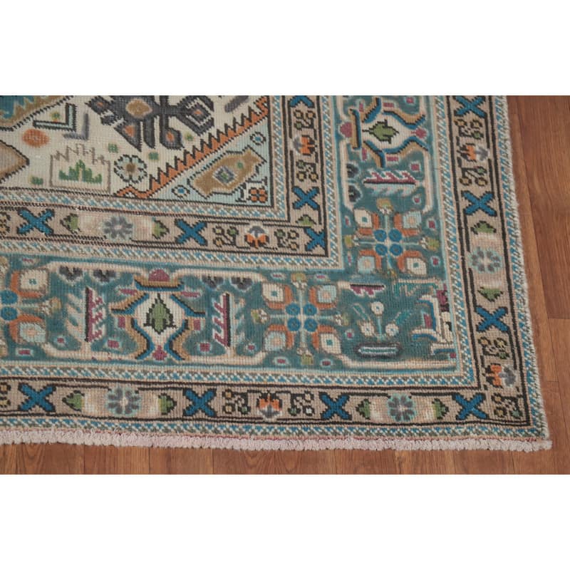 Light Blue Tabriz Persian Vintage Area Rug Hand-Knotted Wool Carpet - 6'5" x 9'5"