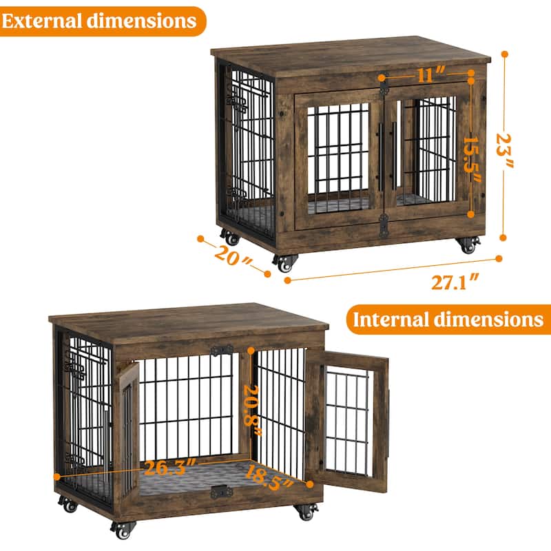 Dog Crate Indoor Heavy Duty Double Doors Wooden Dog Cage with Cushion