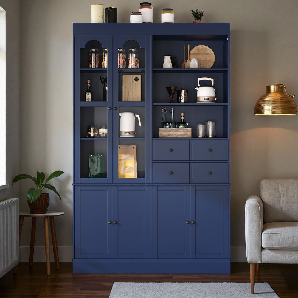 75" Freestanding Kitchen Pantry Buffet with Hutch, 4 Drawers, Glass Doors, Adjustable Shelves and Pull-Out Trays