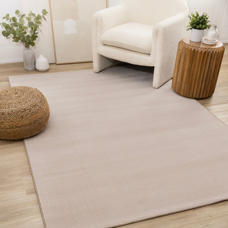 Taupe Striped Geometric Shapes Dense High-Traffic Rug