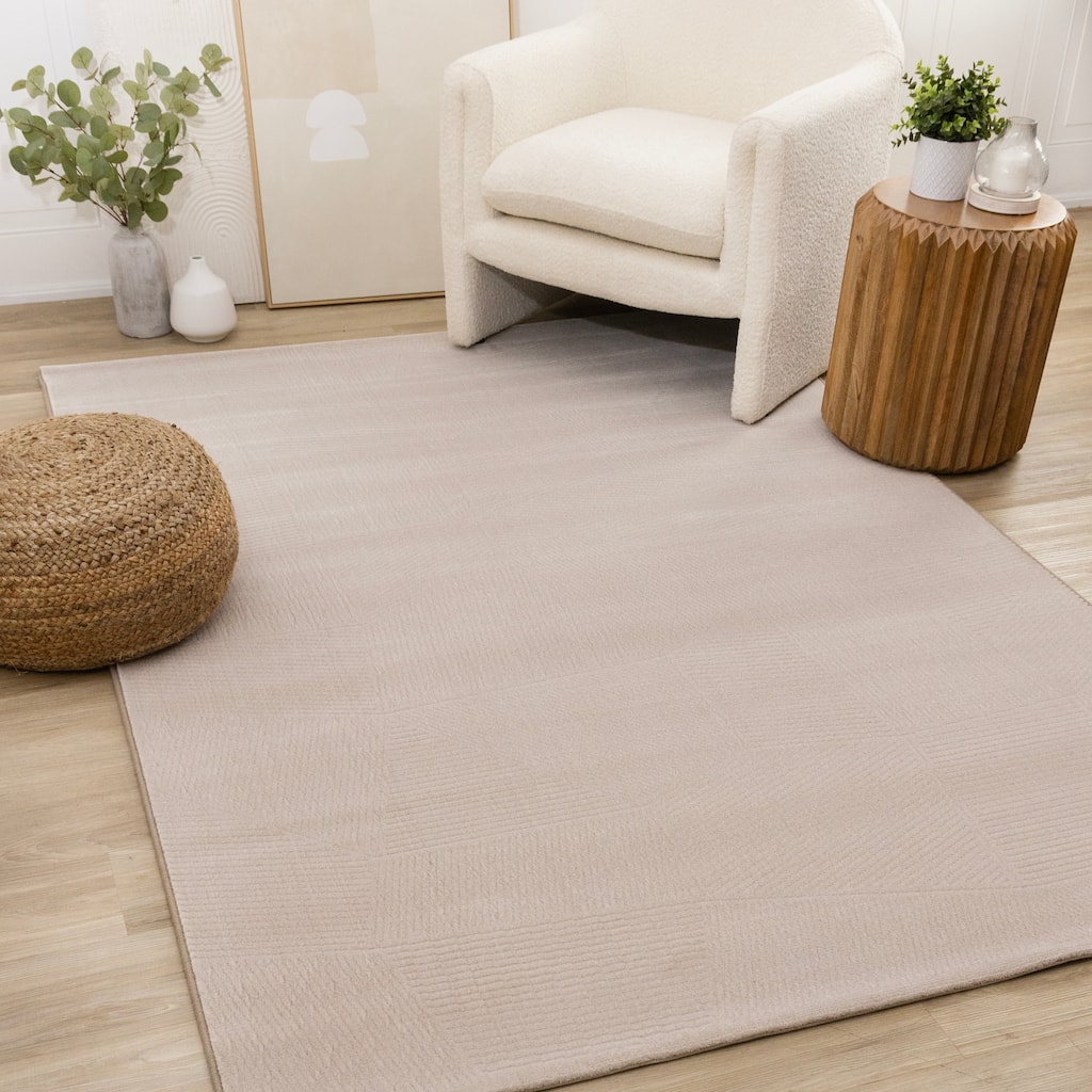 Taupe Striped Geometric Shapes Dense High-Traffic Rug