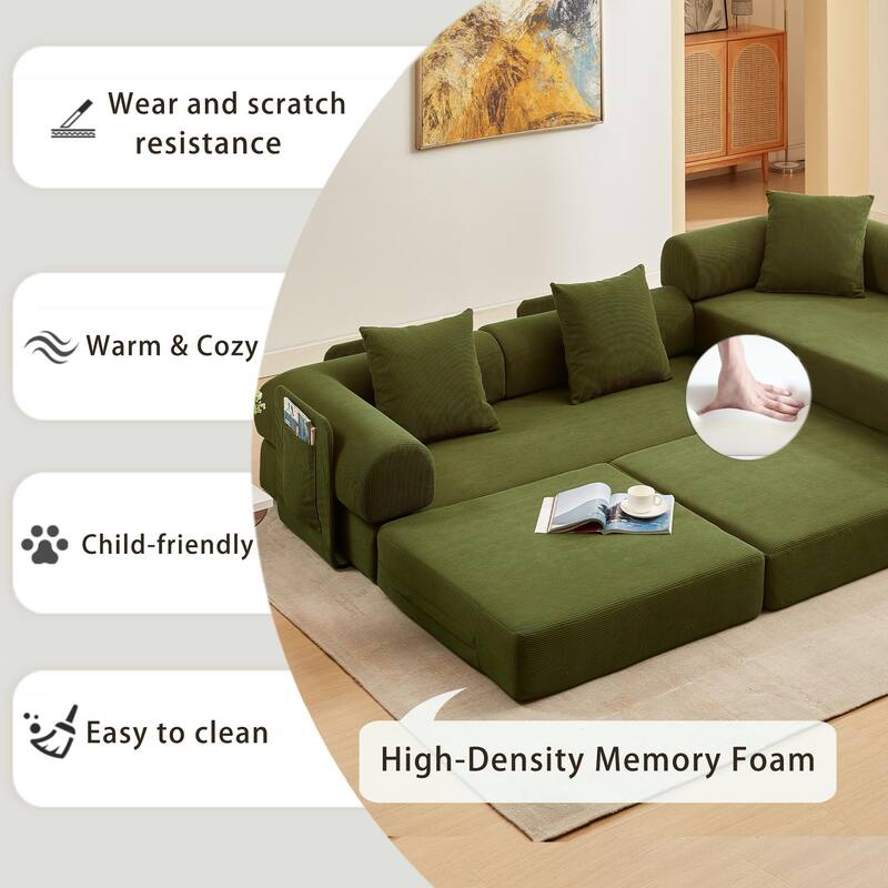 107'' L-Shaped 7-in-1 Corduroy Modular Sectional Sofa Bed, 4-Seat, Green