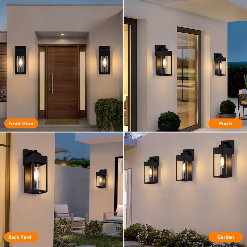 Outdoor Wall Light With Cylindrical Glass Shade, Matte Black, Modern Wall Light Fixture For Garage, Porch, Patio (Set Of 2)