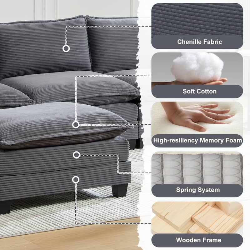 102.95" L-Shaped Corduroy Sectional Sofa with Movable Ottoman