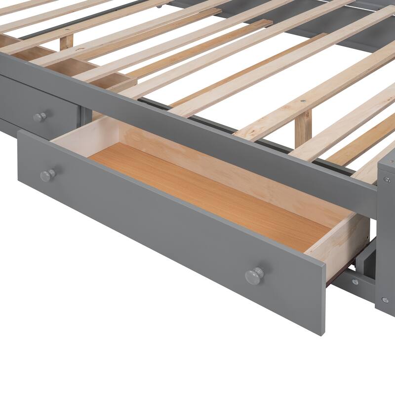 Wood Platform Bed Frame with All-in-One Cabinet and Shelf