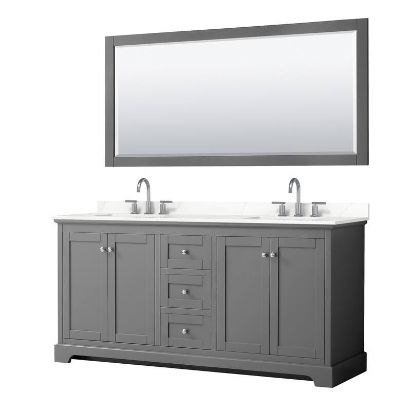 Avery 72-inch Double Vanity, Quartz Top, 70-inch Mirror - Dark Gray, Chrome Trim, Giotto Quartz Top